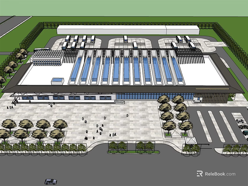 Large Public Building Aerial View With Modern Design Square Parking Lot And Trees 3d model 