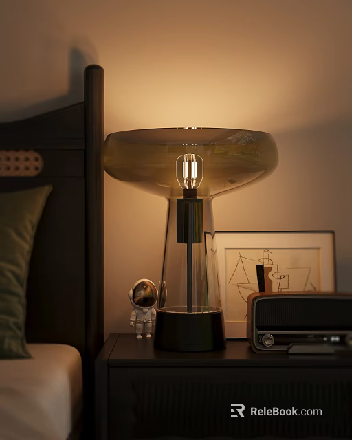Glass Shade Table Lamp with Warm Light on Bedside Table and Astronaut Figurine Radio Artwork 3d model 