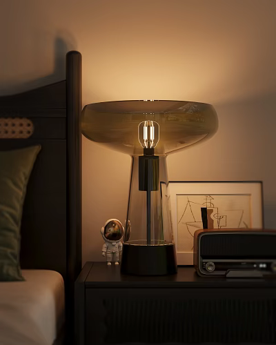 Glass Shade Table Lamp with Warm Light on Bedside Table and Astronaut Figurine Radio Artwork 3d model