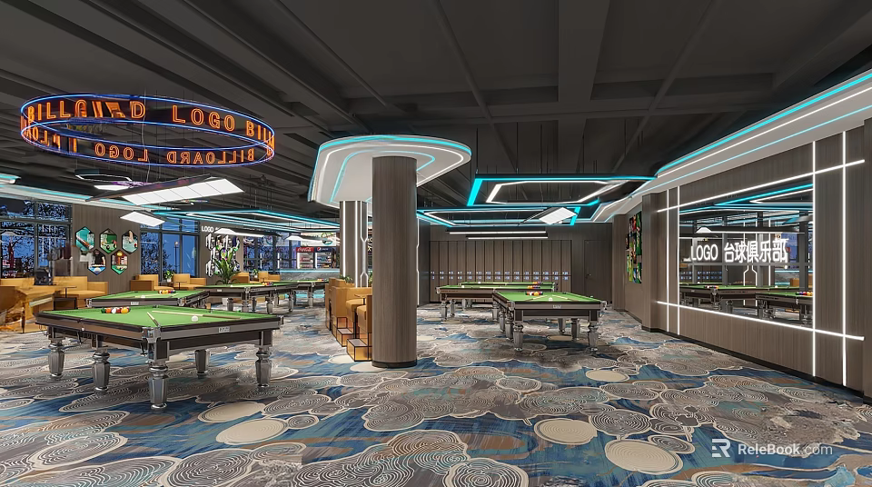 Modern Billiard Room Interior With Multiple Tables Patterned Carpet And Lighting Design 3d model