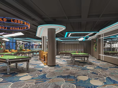 Modern Billiard Room Interior With Multiple Tables Patterned Carpet And Lighting Design 3d model