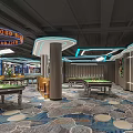 Modern Billiard Room Interior With Multiple Tables Patterned Carpet And Lighting Design 3d model