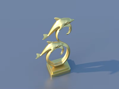 Golden Dolphin Sculpture with Two Leaping Dolphins and Circular Ring Base on Square Pedestal 3d model
