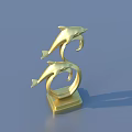 Golden Dolphin Sculpture with Two Leaping Dolphins and Circular Ring Base on Square Pedestal