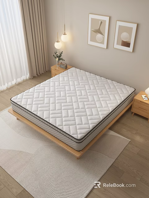 Comfortable Quilted Mattress On Wooden Bed Frame With Nightstand Table Lamp And Soft Curtains 3d model 