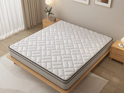 Comfortable Quilted Mattress On Wooden Bed Frame With Nightstand Table Lamp And Soft Curtains 3d model