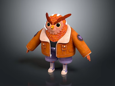 Cute Cartoon Owl 3D Model Wearing Orange Jacket White Fur Collar And Purple Shorts 3d model