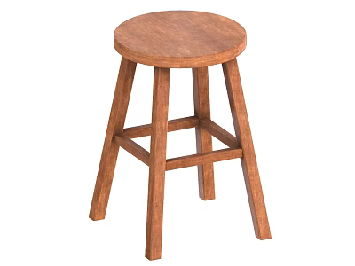 Sturdy Wooden Stool With Round Seat Four Legs And Crossbar Support Design 3d model