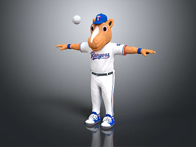 Cartoon Horse Mascot In White Rangers Uniform With Blue Cap Juggling Ball And Outstretched Arms 3d model
