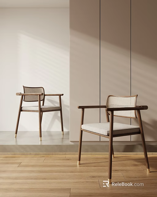 Modern Leisure Chair with Wooden Frame Woven Backrest and Upholstered Seat in Minimalist Interior 3d model 