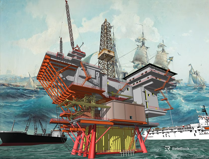 Offshore Oil Drilling Platform With Crane Drilling Tower And Sailing Modern Ships On Ocean Waves 3d model 