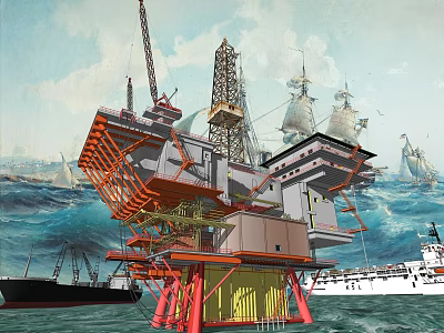 Offshore Oil Drilling Platform With Crane Drilling Tower And Sailing Modern Ships On Ocean Waves 3d model