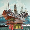 Offshore Oil Drilling Platform With Crane Drilling Tower And Sailing Modern Ships On Ocean Waves