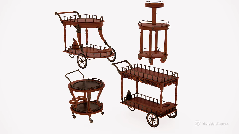 Commercial Food Service Carts Wooden Wheeled Multi Tiered Designs For Business Use 3d model 