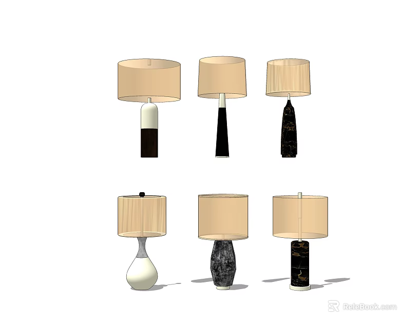 Various Modern Table Lamps With Different Base Styles And Beige Fabric Shades 3d model