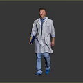 Man Doctor Wearing White Lab Coat Holding Blue Clipboard Walking On Gray Background
