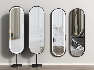 Four Modern Floor Standing Mirrors With Black Stands Reflecting Room Interiors 3d model