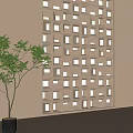 Light Colored Partition With Square Cutouts Sunlight Filtering Shadow Patterns Indoor Space With Green Plant