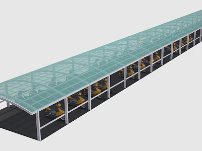 Long Transparent Roof Canopy with White Pillars Supporting Yellow Vehicles in Parking Area 3d model
