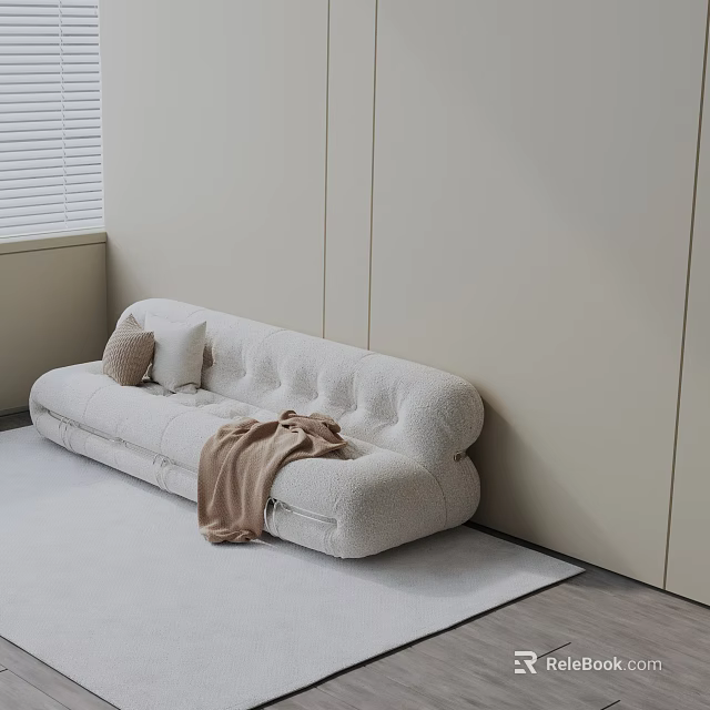 Beige Three-Seater Sofa Tufted Design Interior With Throw Pillow Blanket And Light Colored Rug 3d model 