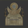 Ornate Moon Shaped Chair With Intricate Carvings Blue Cushioned Seat And Lantern Accents