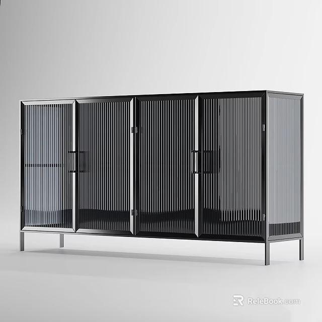 Contemporary Storage Cabinet With Metal Frame And Vertical Slat Glass Doors Design 3d model 