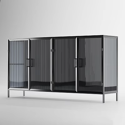 Contemporary Storage Cabinet With Metal Frame And Vertical Slat Glass Doors Design 3d model