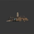 Modern 3D Wooden Scene With Platform Crates Pipes Wall Door And Gray Floor