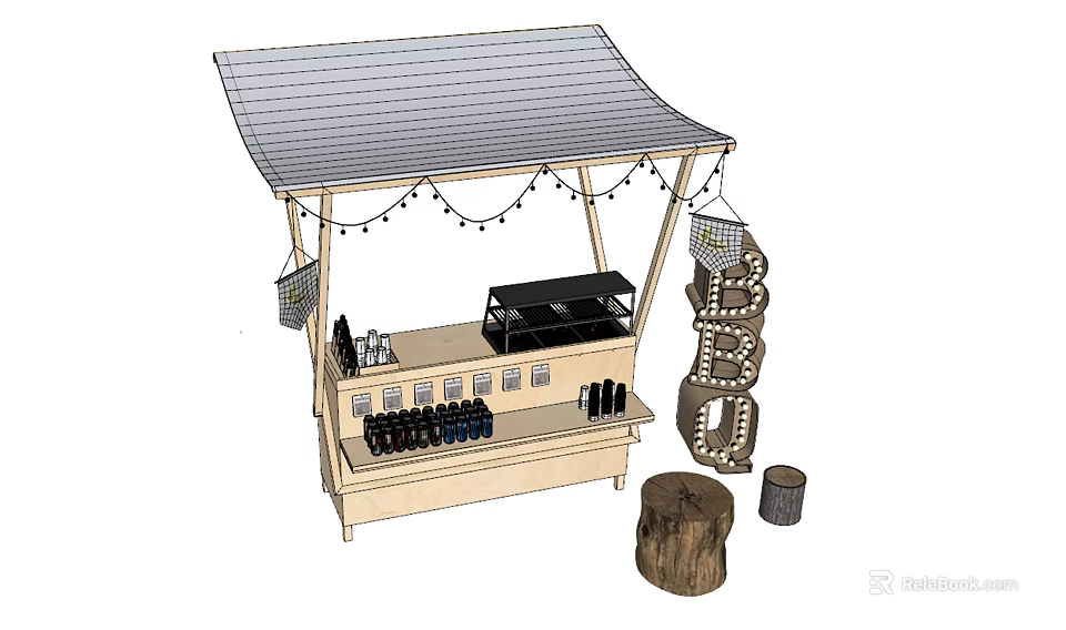 Practical Mobile Food Cart With Canopy String Lights Refrigerator Display Shelves And Beverage Bottles 3d model 