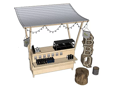 Practical Mobile Food Cart With Canopy String Lights Refrigerator Display Shelves And Beverage Bottles 3d model