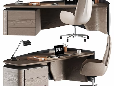 Modern Office Desk Setup With Beige Chair Desk Lamp Laptop Coffee Cup And Drawers 3d model