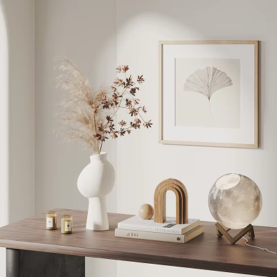 Natural Decorative Ornaments Set With White Vase Dried Flowers Ginkgo Leaf Frame And Moon Ornament 3d model