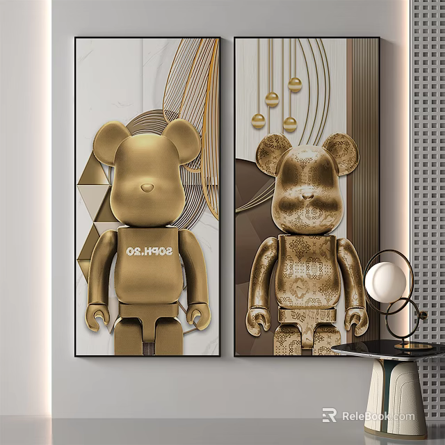 Golden Bear Decorative Paintings With Geometric Patterns Modern Interior Artwork 3d model