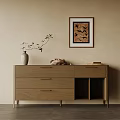 Natural Wood Entryway Cabinet And Sideboard With Vase Plant Decorative Items And Framed Artwork
