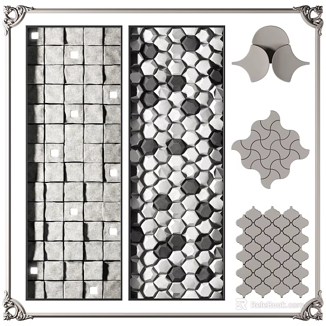 Modern Background Wall Design With Geometric Patterns And Black White Tile Decor 3d model