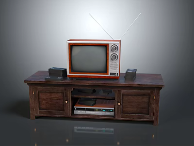 Wooden TV Stand with Vintage TV Antenna Speakers and Storage Drawers 3d model