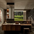 Luxurious Hotel Guest Room With Rock Wall Abstract Painting Wooden Accents And Plush Bed