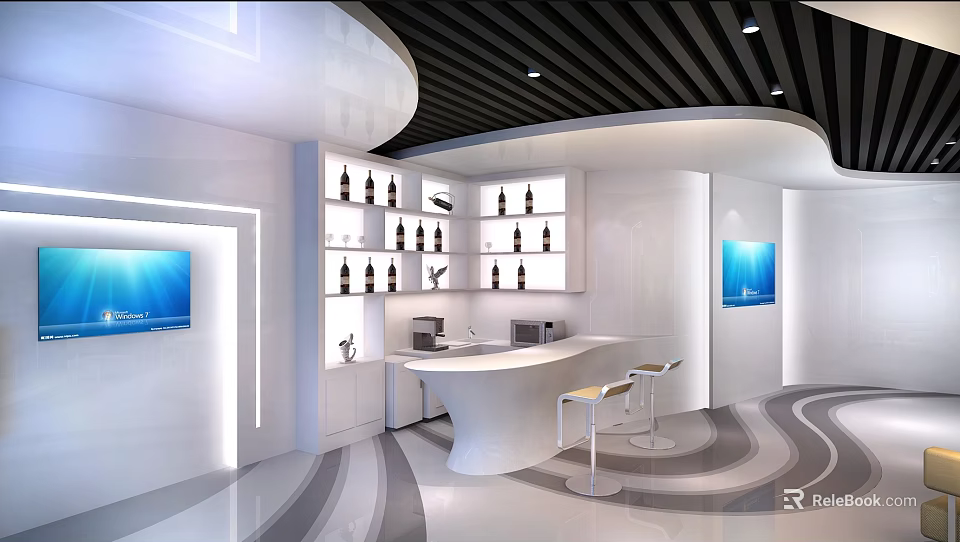 Modern Break Room With White Curved Counter Display Shelves TV Screens And Bar Stools 3d model 