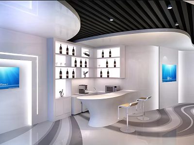 Modern Break Room With White Curved Counter Display Shelves TV Screens And Bar Stools 3d model