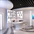 Modern Break Room With White Curved Counter Display Shelves TV Screens And Bar Stools