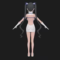 3D Anime Style Woman With Blue Hair White Dress Long Gloves And Sandals