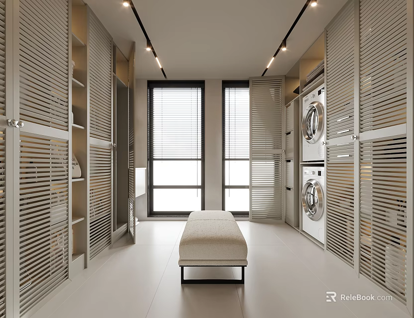 Modern Minimalist Walk in Closet With White Louvered Wardrobes Bench Strip Lighting And Laundry Appliances 3d model 