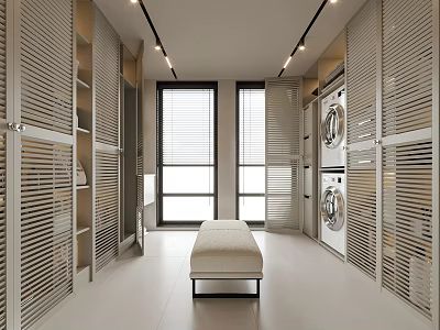 Modern Minimalist Walk in Closet With White Louvered Wardrobes Bench Strip Lighting And Laundry Appliances 3d model