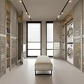 Modern Minimalist Walk in Closet With White Louvered Wardrobes Bench Strip Lighting And Laundry Appliances