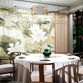 Elegant Private Dining Room Interior With Lotus Mural Round Table White Tablecloth And Wooden Chairs