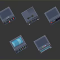 Multiple Blue Industrial Control Boxes With Buttons Displays Panels On Reflective Surface