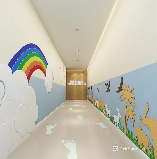 Vibrant Elevator Corridor Featuring Rainbow Clouds Animal Patterns And Footprints On Walls 3d model