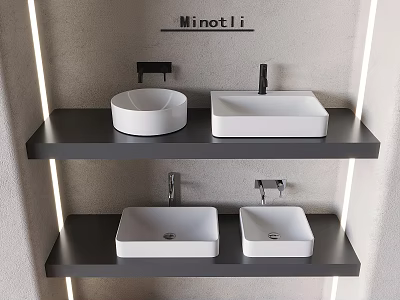 White Circular And Square Washbasins On Minotli Double Layered Black Shelves 3d model