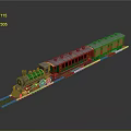 Vintage Steam Train with Green and Red Carriages on Railway Tracks