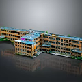 Multi Story Building Model With Yellow Exterior Walls Windows And Green Plants